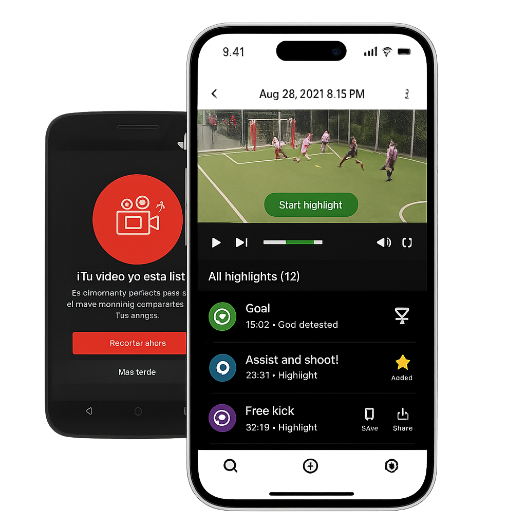 360 AI Action Camera highlights on smartphone showing detected goals and plays